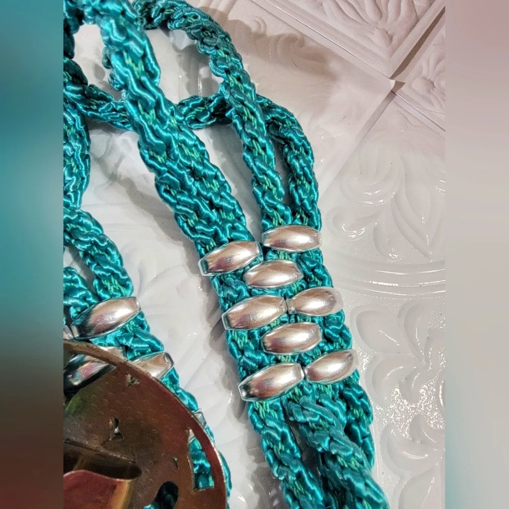 Vintage Sea Gem Floral Cloisonne Buckle Teal Braided Rope Belt
